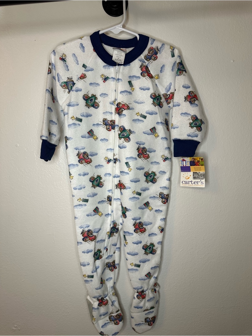 Carter's White Fleece Footed One-Piece with Blue Trim and Airplane Print